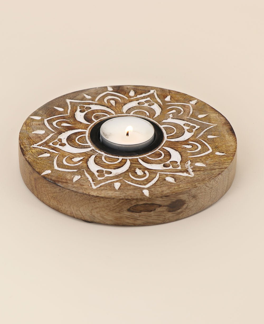 Fairtrade Hand Carved Wood Mandala Design Tea Light Holder - Candle Holders