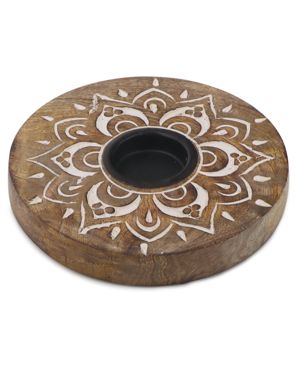 Fairtrade Hand Carved Wood Mandala Design Tea Light Holder - Candle Holders