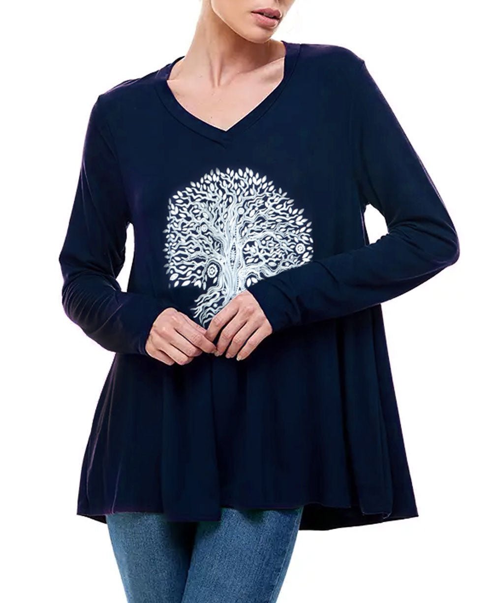 Flowy Navy Blue Tunic Top with Artistic Tree of Life Design - Shirts & Tops S