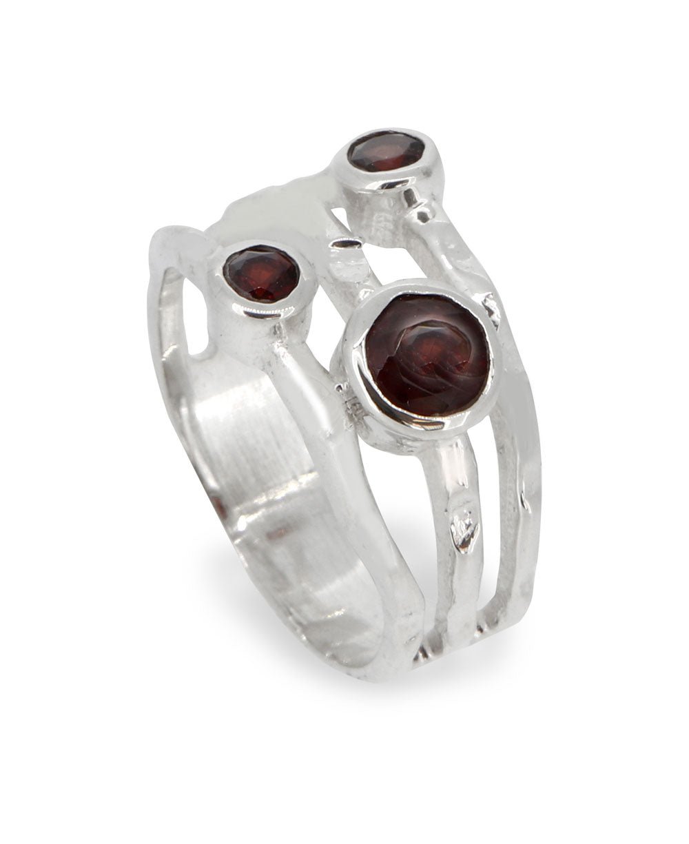 Garnet Triple Gemstone Ring, Sterling Silver - Rings Size 6