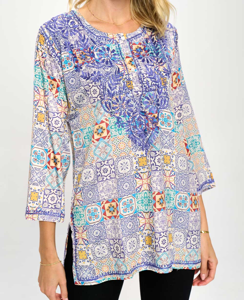 Geometric Print Embroidered Tunic - Shirts & Tops S