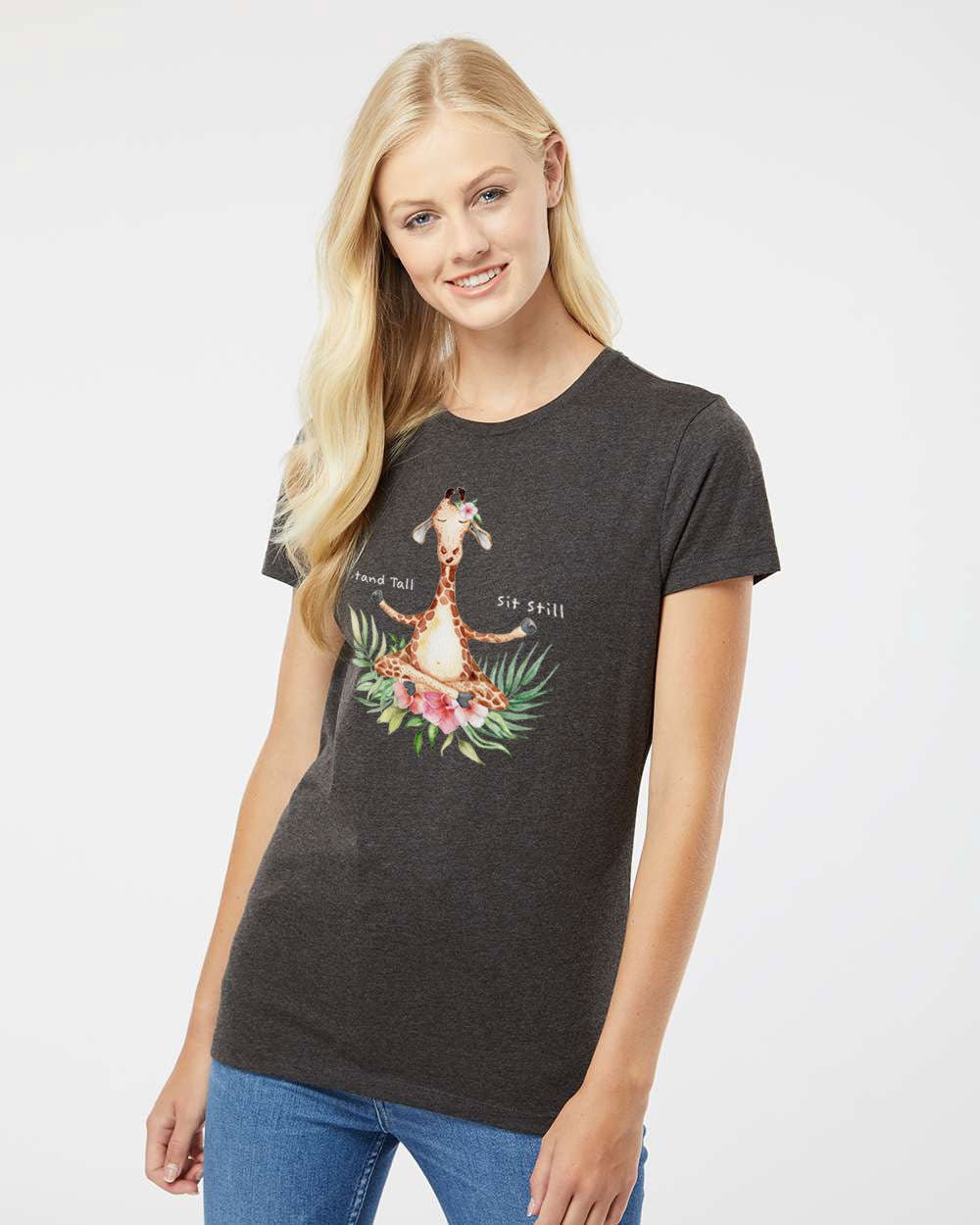 Giraffe Zen-sation Tee: The Stand Tall, Sit Still Women's Grey Recycled T-Shirt - Shirts & Tops S