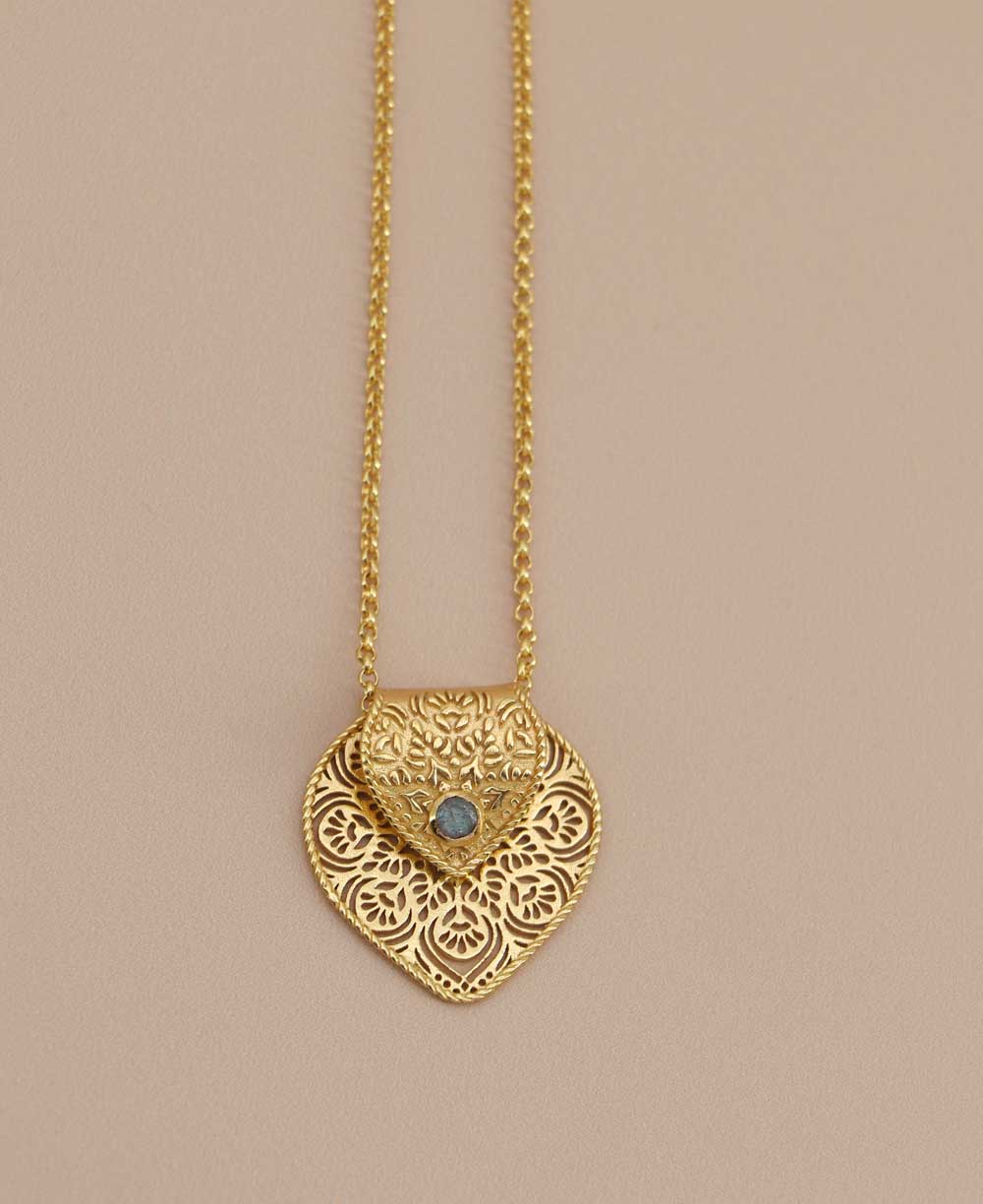 Gold Plated Brass Lotus Petal Mandala Necklace with Labradorite Accent - Necklaces