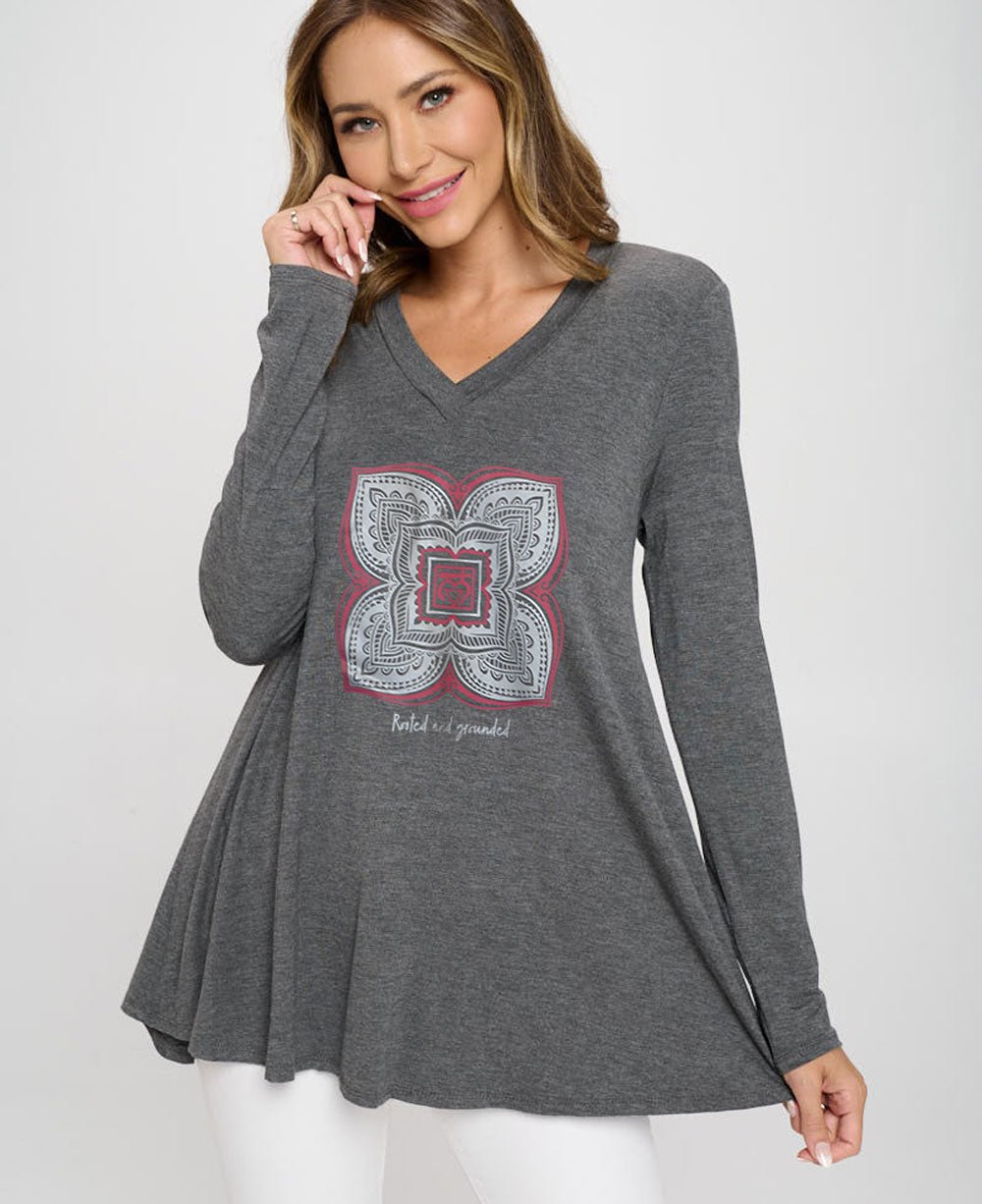Grounded And Rooted Grey Tunic Top With Root Chakra Design - Shirts & Tops S