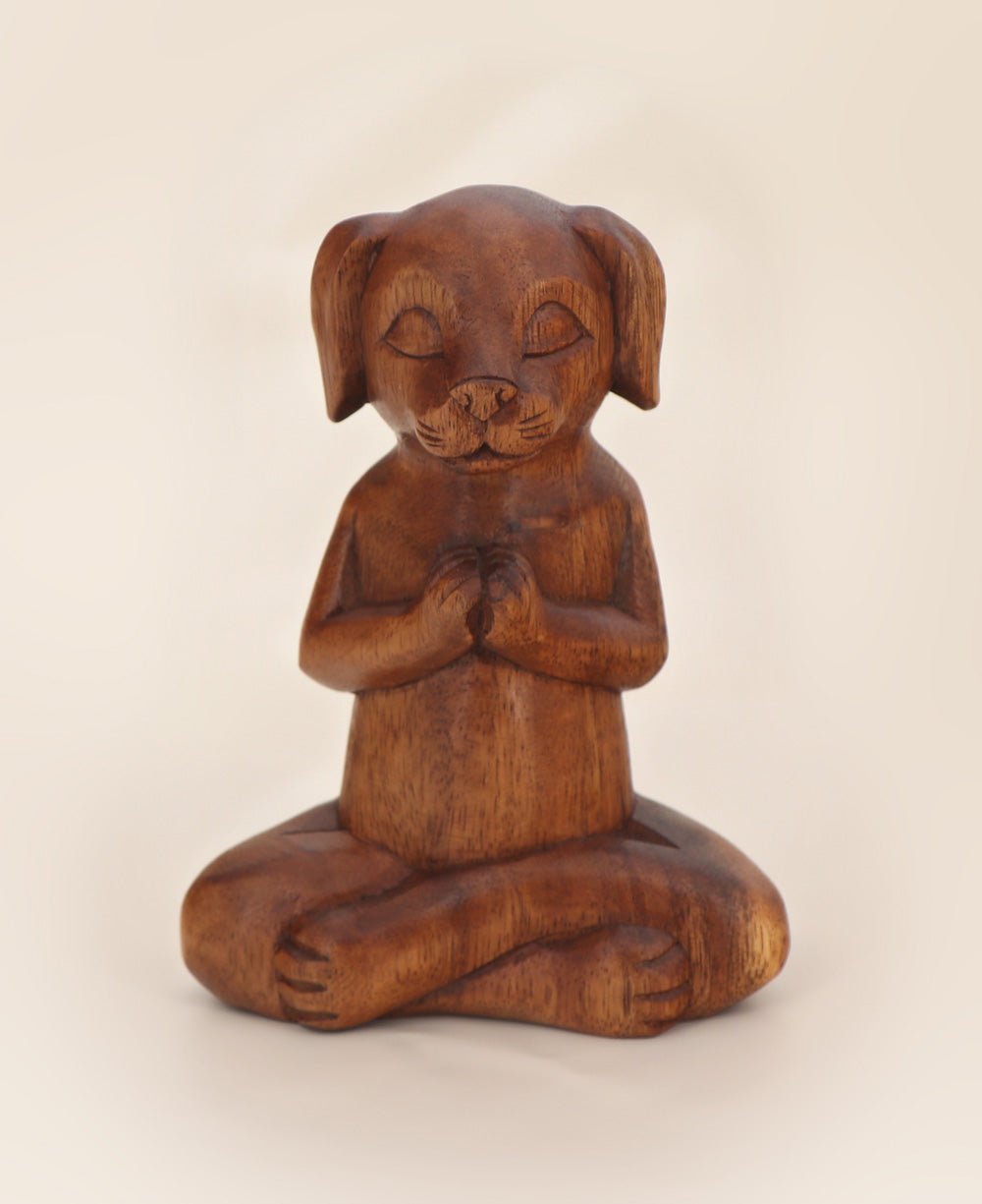 Hand Carved Meditating Namaste Dog Statue - Sculptures & Statues