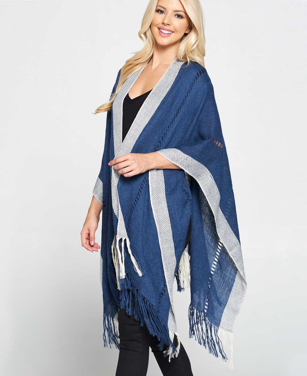 Hand Knit Alpaca Wool Poncho Wrap, Washed Blue -