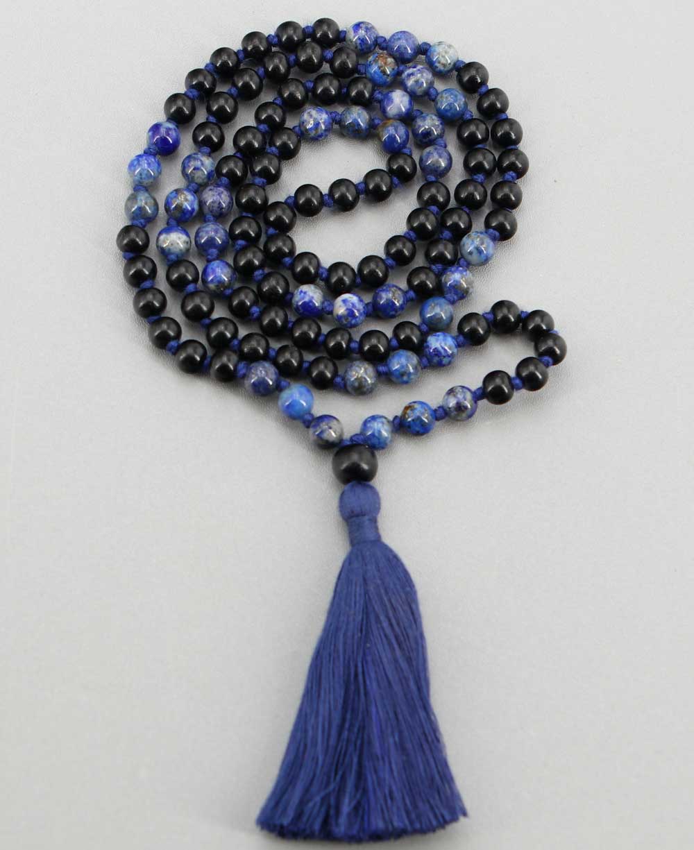 Hand Knotted Lapis and Ebony Wood Meditation Mala - Prayer Beads