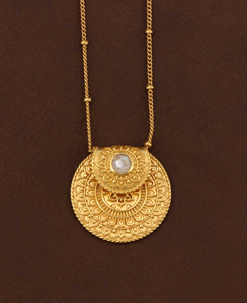 Inspirational Gold Plated Mandala Necklace with Rainbow Moonstone - Necklaces