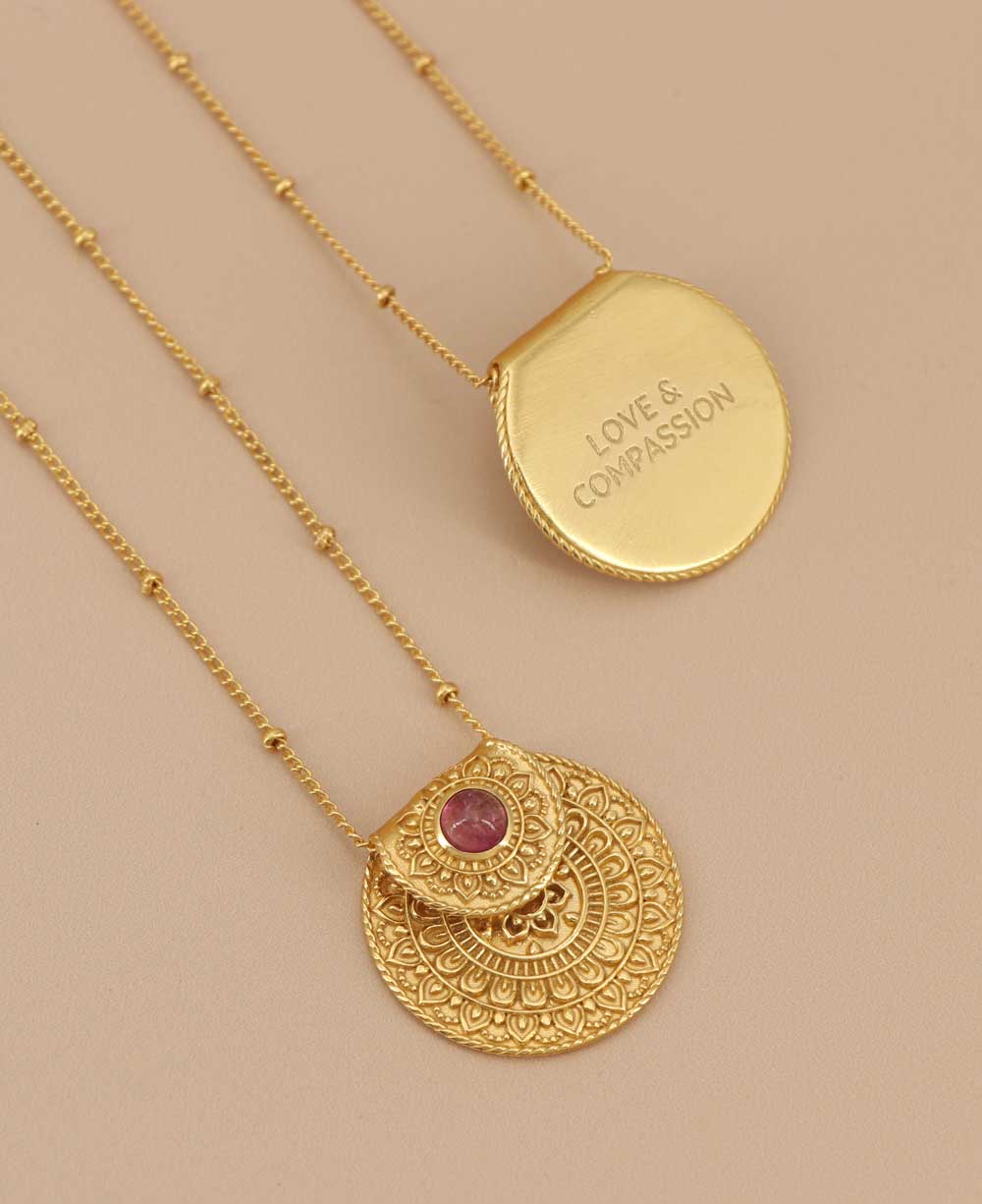 Inspirational Gold Plated Mandala Necklace with Tourmaline Stone - Necklaces