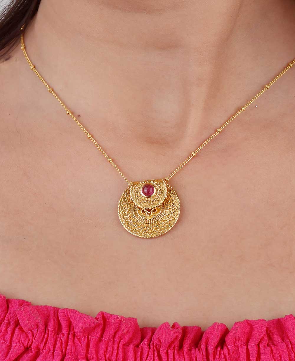 Inspirational Gold Plated Mandala Necklace with Tourmaline Stone - Necklaces