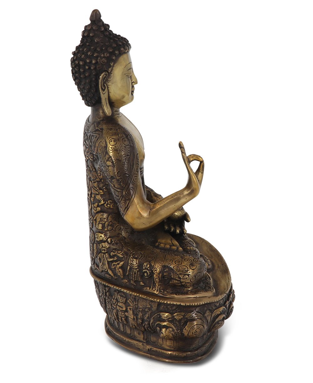 Intricate Life of Buddha Brass Statue, 12 Inches High - Sculptures & Statues