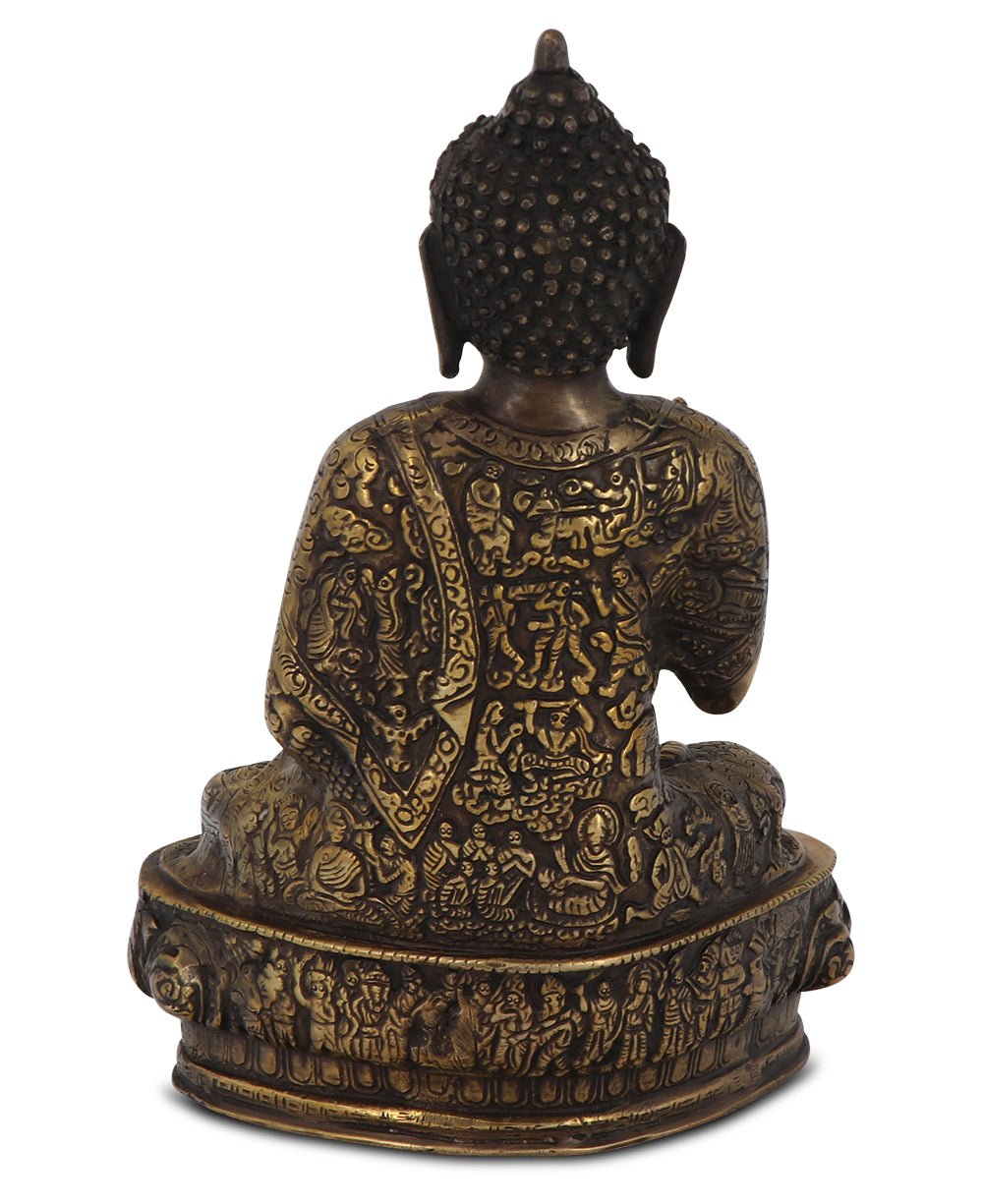 Intricate Life of Buddha Brass Statue, 12 Inches High - Sculptures & Statues