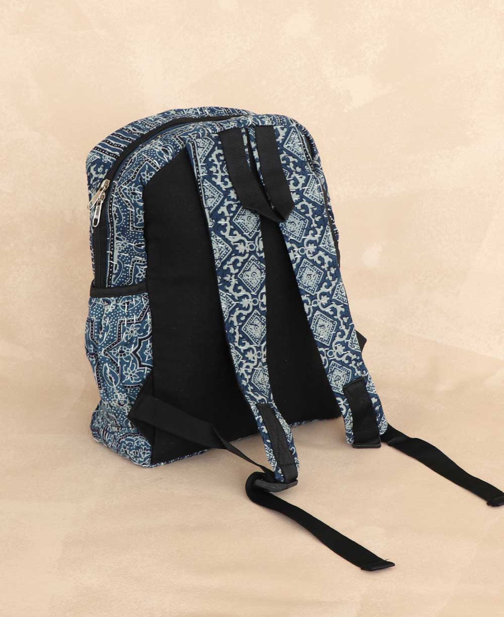 Kantha Stitch Block Print Inspired Compact Backpack - Handbags Blue