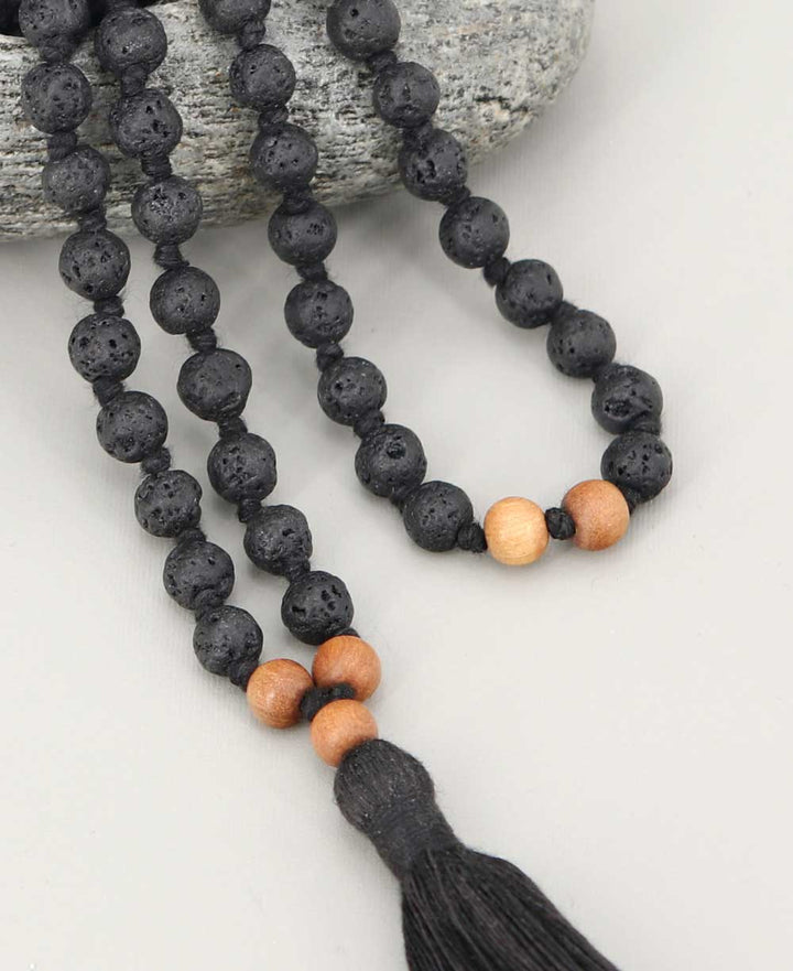 Lava and Sandalwood 108 Beads Meditation Mala, Knotted - Prayer Beads
