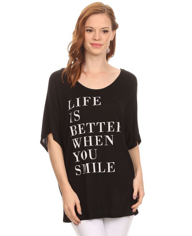 Life is Better When You Smile Inspirational Top, Black - Inspirational Apparel S