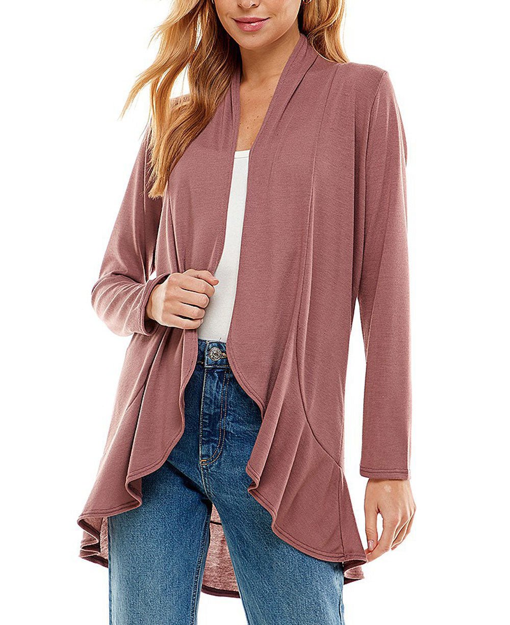 Light Weight Tree of Life Design Women's Long Sleeves Ruffle Cardigan in Dusty Rose - Shirts & Tops S