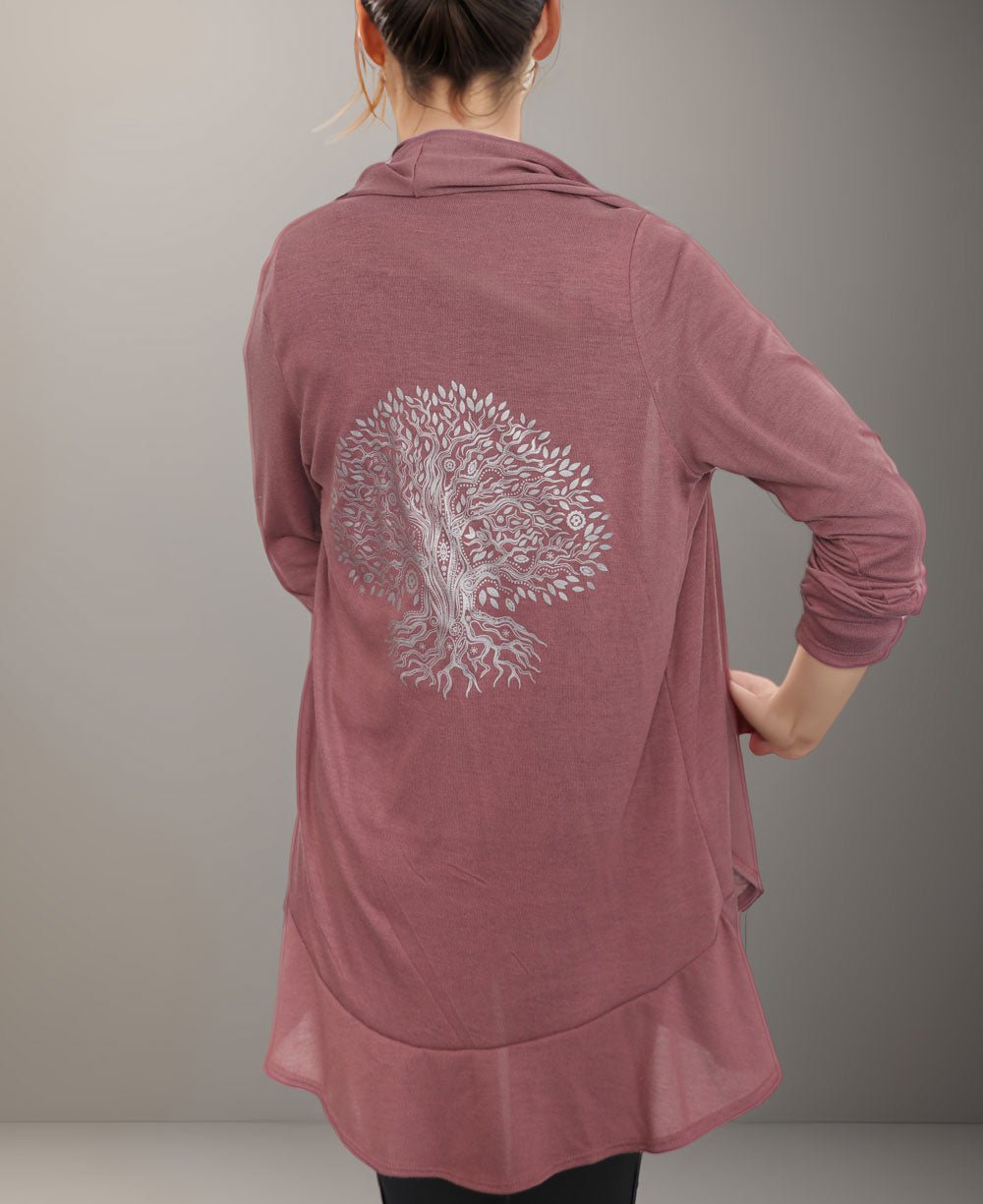 Light Weight Tree of Life Design Women's Long Sleeves Ruffle Cardigan in Dusty Rose - Shirts & Tops S