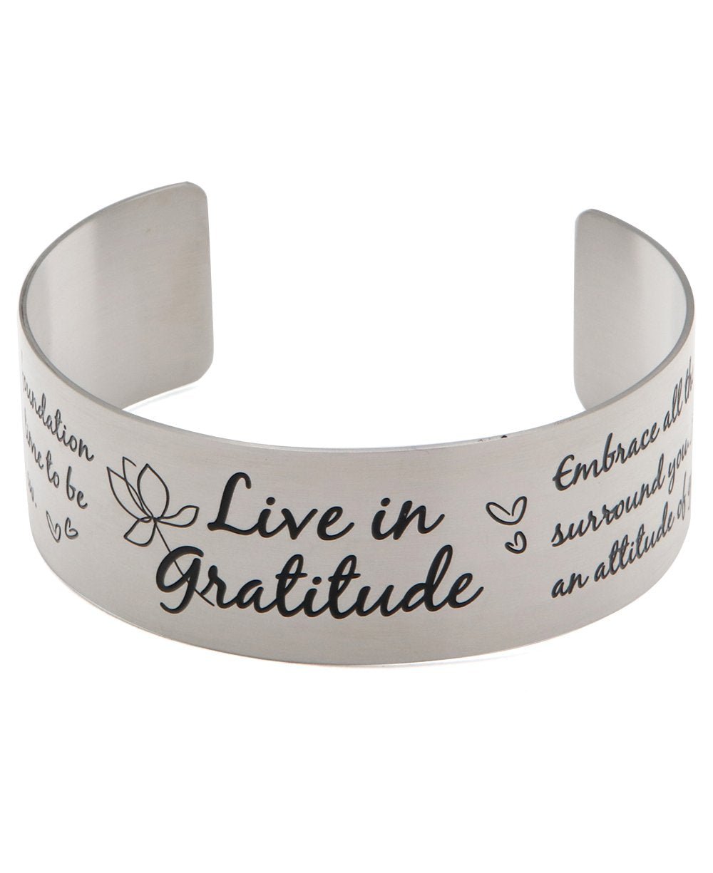 Live in Gratitude Stainless Steel Adjustable Inspirational Cuff Bracelet - Bracelets