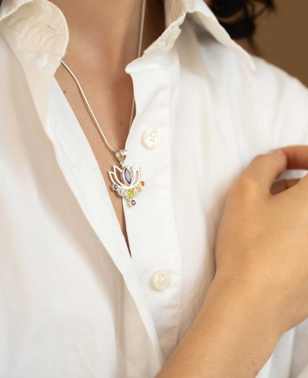 Lotus Gemstone Chakra Pendant, Sterling Silver - Charms & Pendants