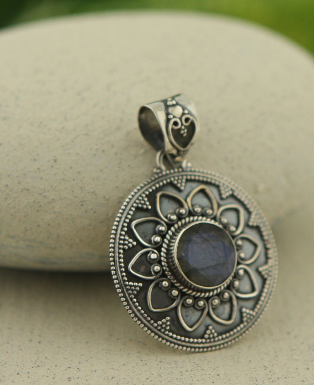 Lotus Metalwork Pendant with Labradorite, Sterling Silver - Charms & Pendants