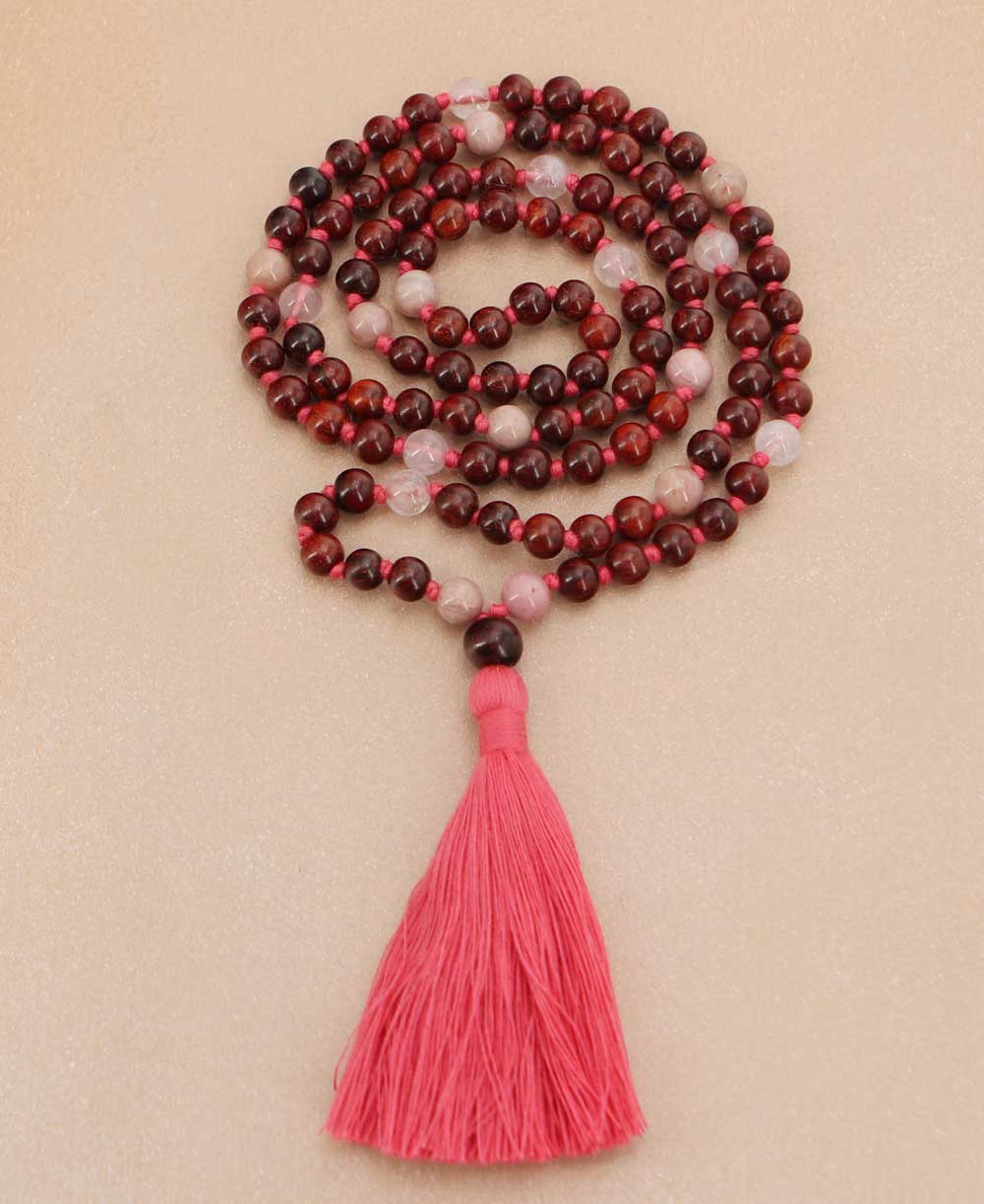 Love and Compassion Rosewood Meditation Mala With Rose Quartz and Rhodonite - Prayer Beads