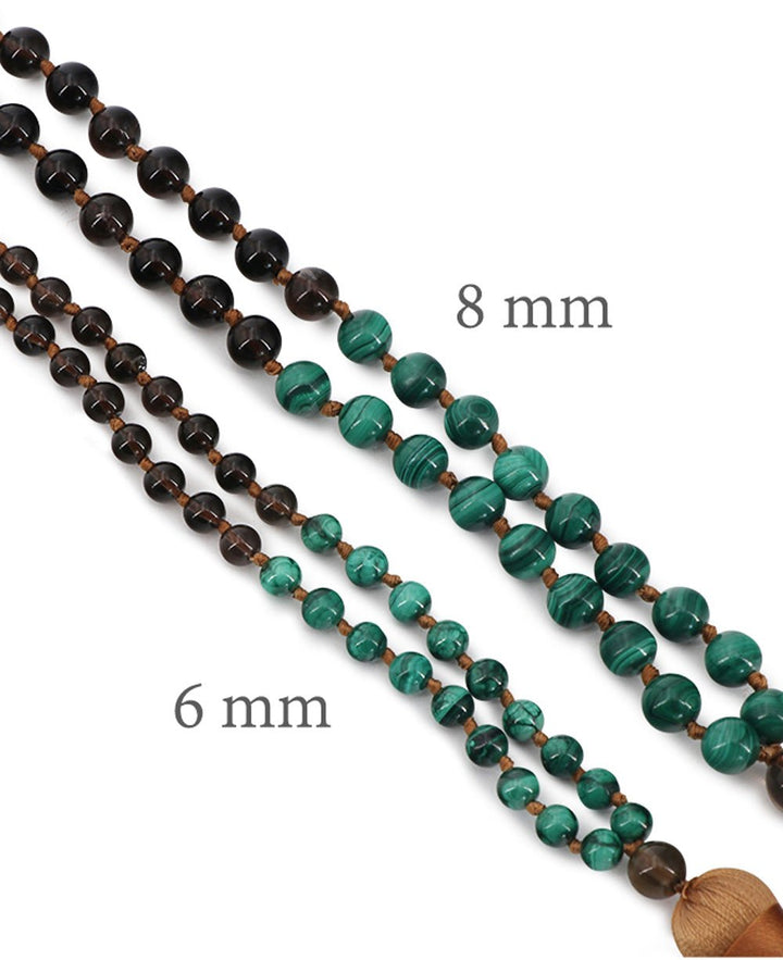 Malachite and Smoky Quartz Beads Meditation Knotted Mala - Prayer Beads 6mm