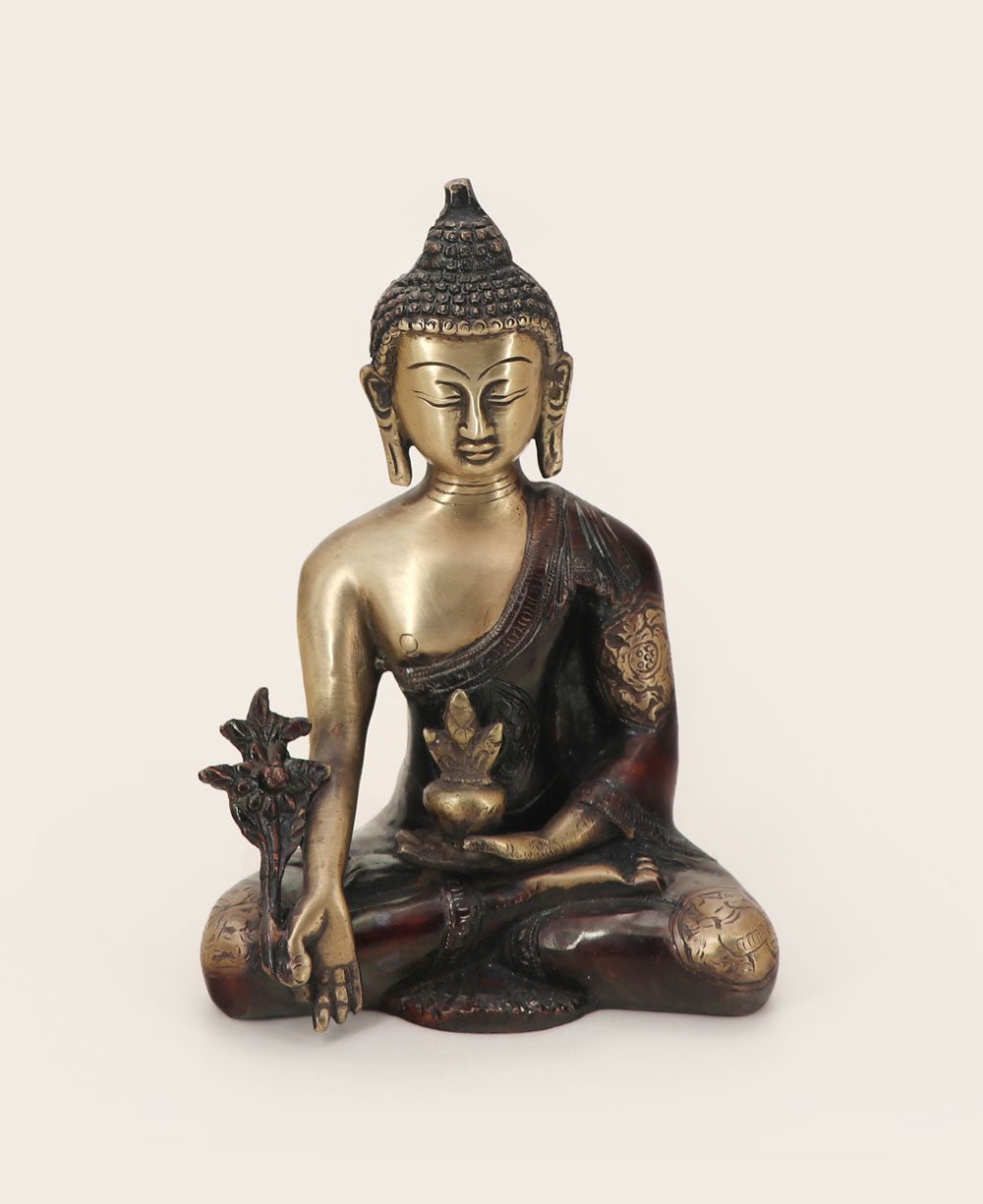 Medicine Buddha Statue in Brass With Intricate Design - Sculptures & Statues