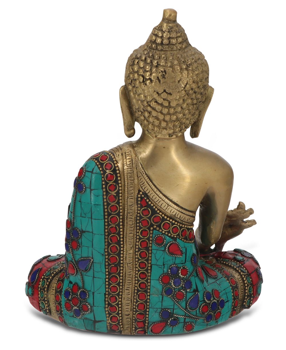 Medicine Buddha Statue in Red and Blue Artistic Brass Mosaic - Sculptures & Statues