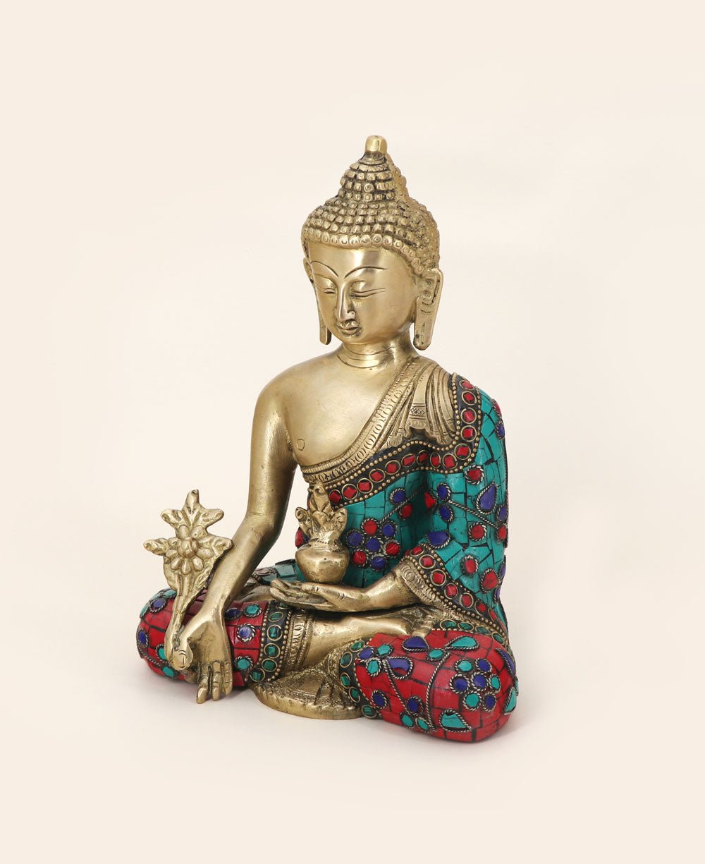 Medicine Buddha Statue in Red and Blue Artistic Brass Mosaic – Buddha Groove