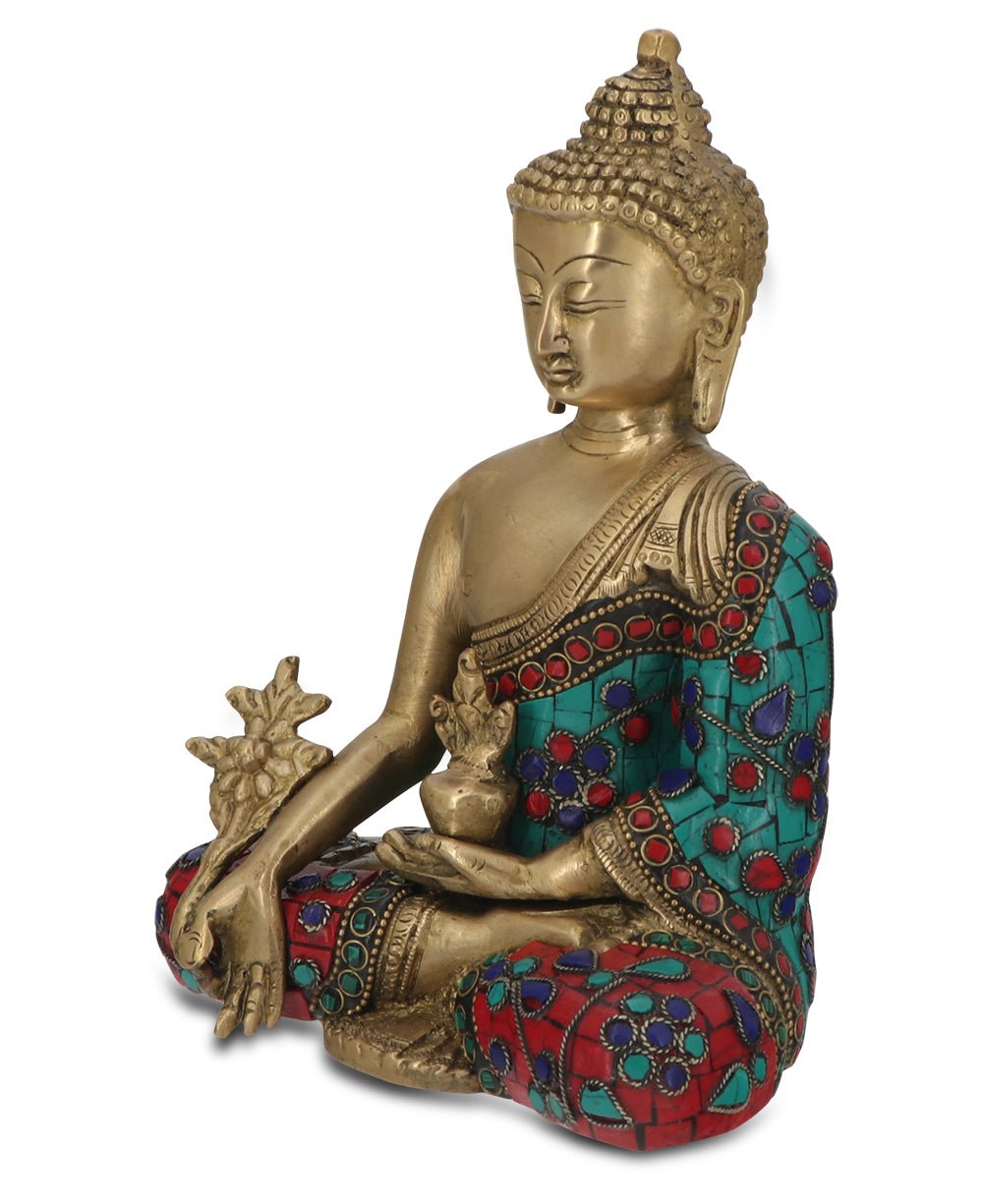 Medicine Buddha Statue in Red and Blue Artistic Brass Mosaic - Sculptures & Statues