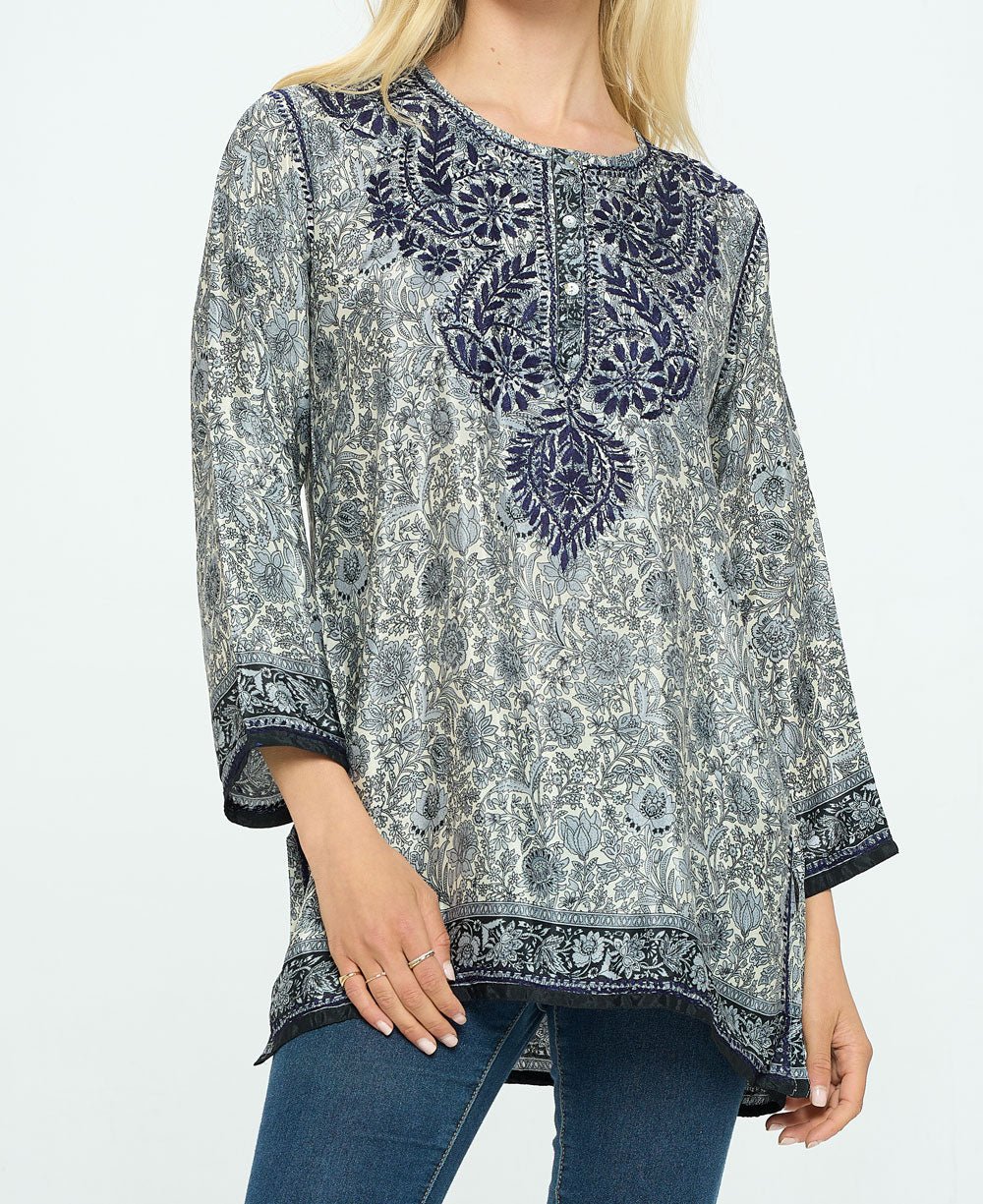 Midnight Floral Garden Embroidered Tunic Top - Shirts and Tops S