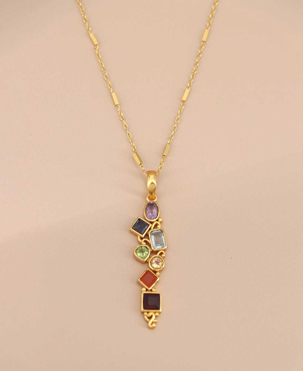 Mixed Geometry Chakra Gemstones Rainbow Gold Plated Necklace - Necklaces