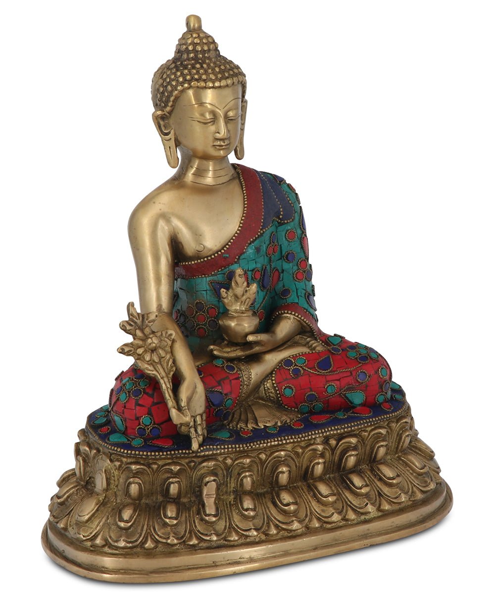 Mosaic Design Brass Medicine Buddha Statue - Sculptures & Statues