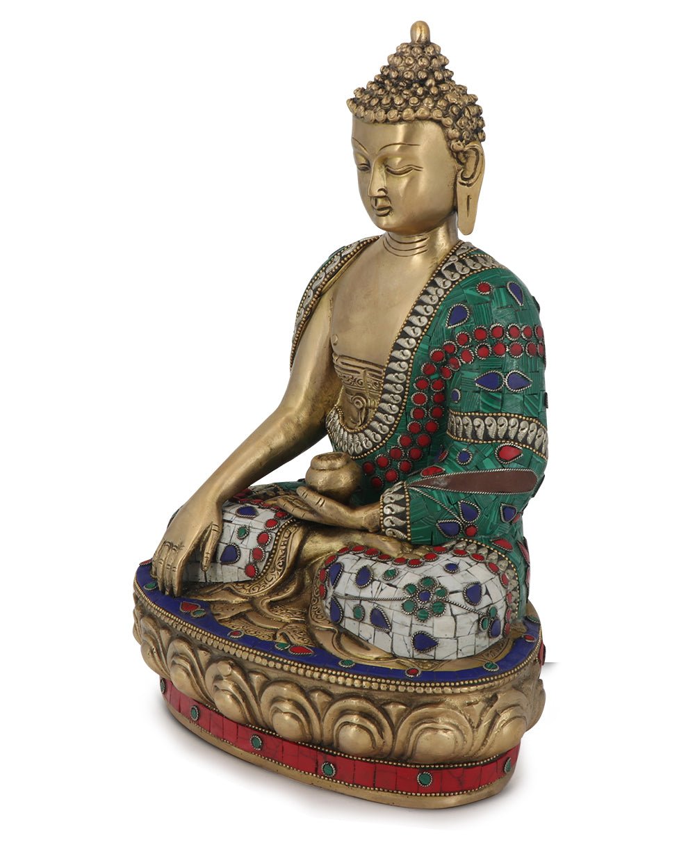 Mosaic Work Earth Touching Post Shakyamuni Buddha Brass Statue - Sculptures & Statues