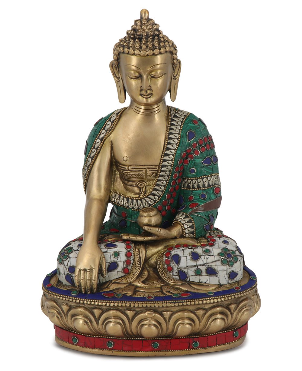 Mosaic Work Earth Touching Post Shakyamuni Buddha Brass Statue - Sculptures & Statues