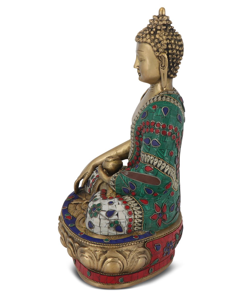 Mosaic Work Earth Touching Post Shakyamuni Buddha Brass Statue - Sculptures & Statues