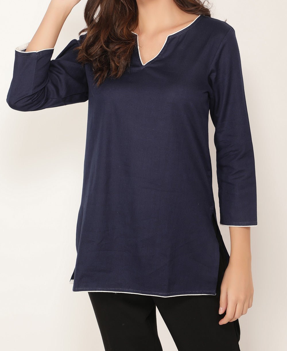 Navy Blue and White Cotton Tunic Top - Shirts & Tops S