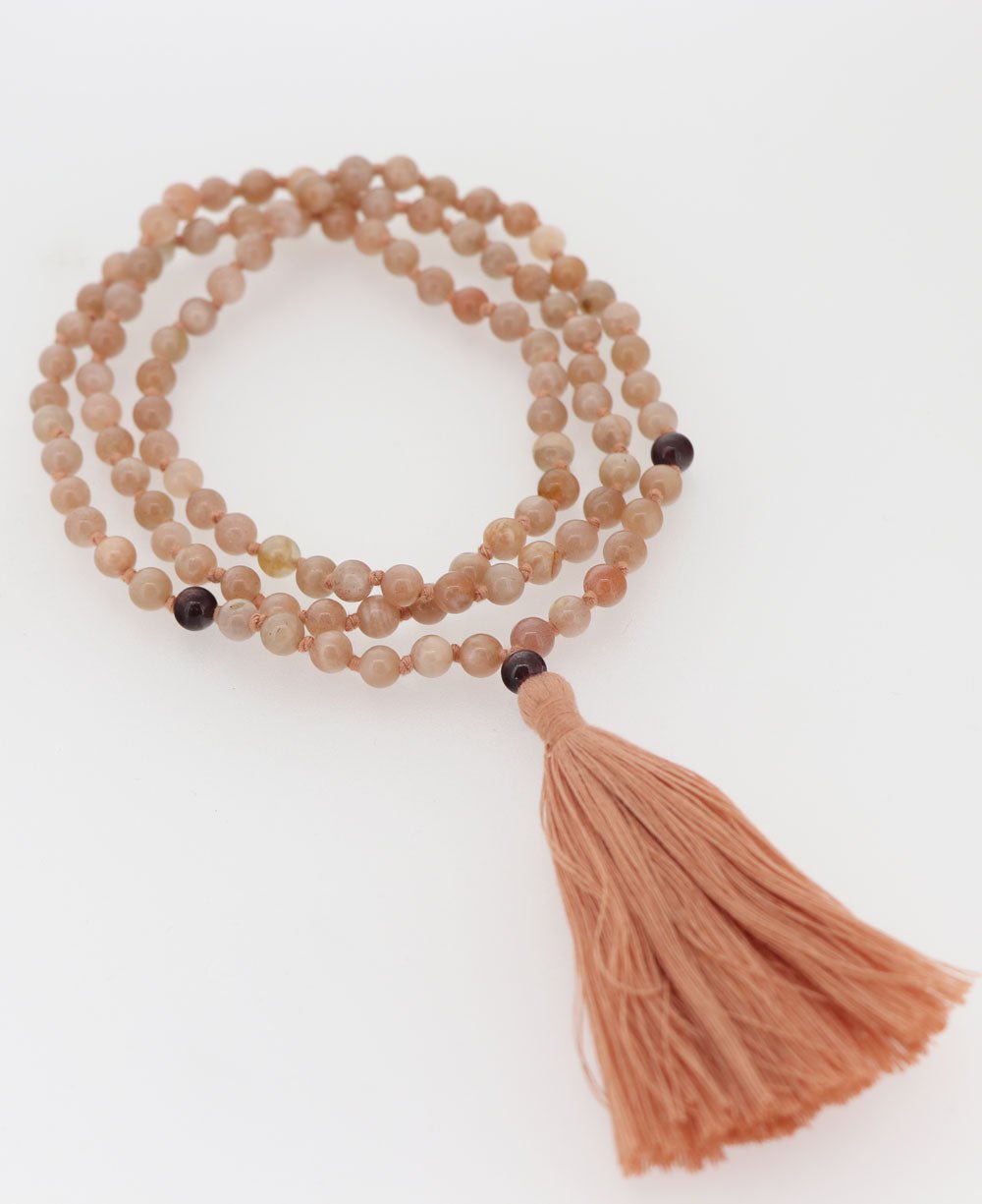Peach Moonstone and Garnet 108 Beads Meditation Mala, Knotted - Prayer Beads