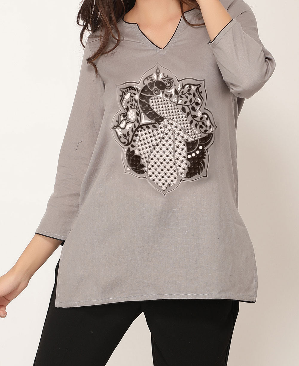 Peacock Lotus Mandala Grey and Black Cotton Tunic Top - S