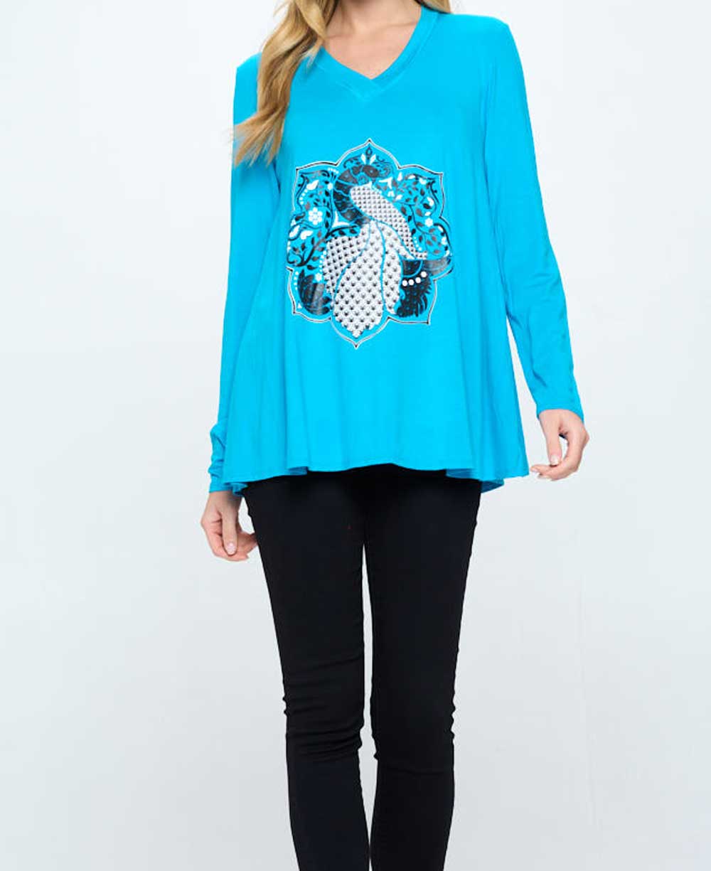 Peacock Lotus Mandala Tunic Tee, Made in USA - Shirts & Tops S