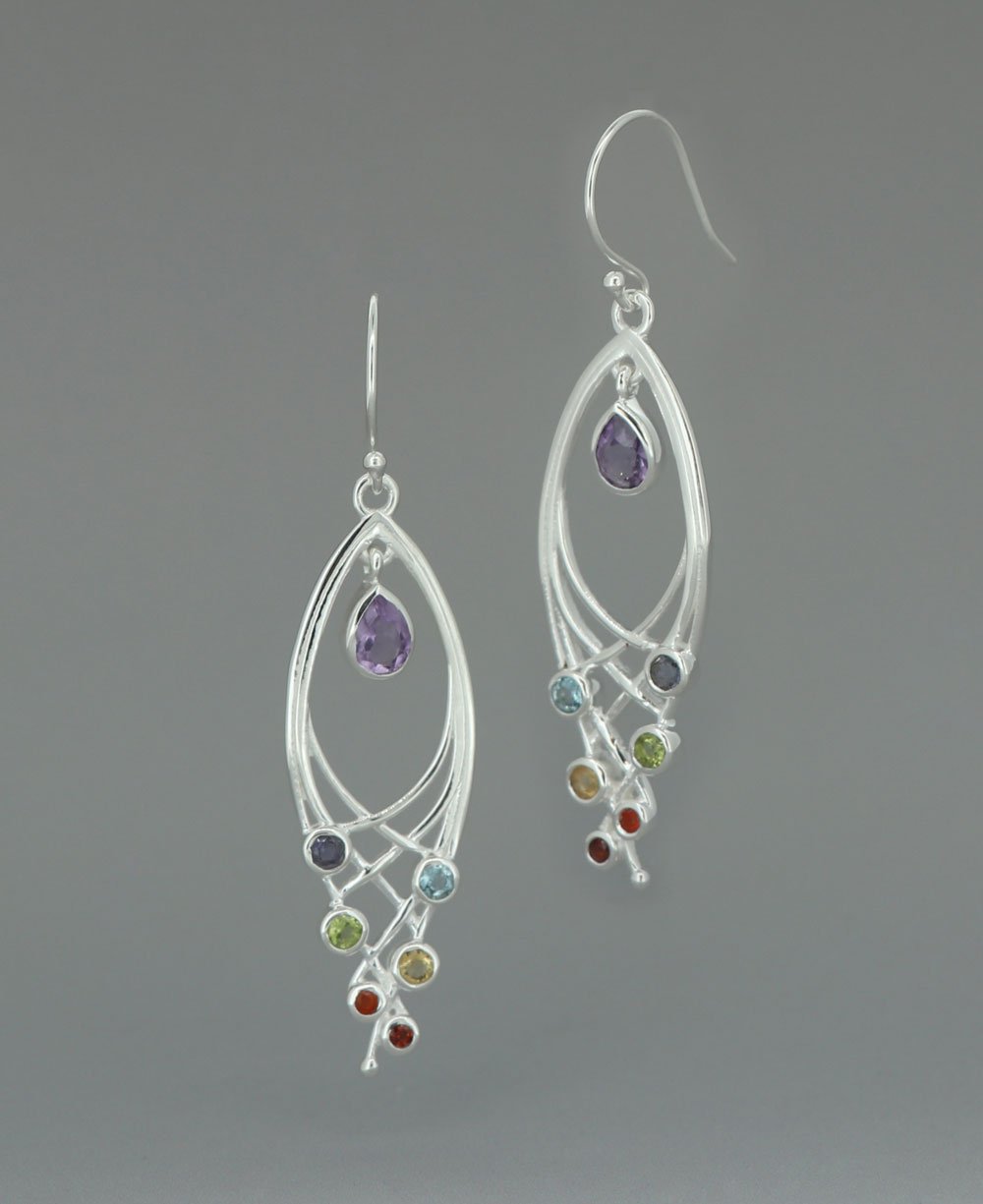 Premium Leaf Shaped Sterling Silver Chakra Gemstone Dangle Earrings - Earrings