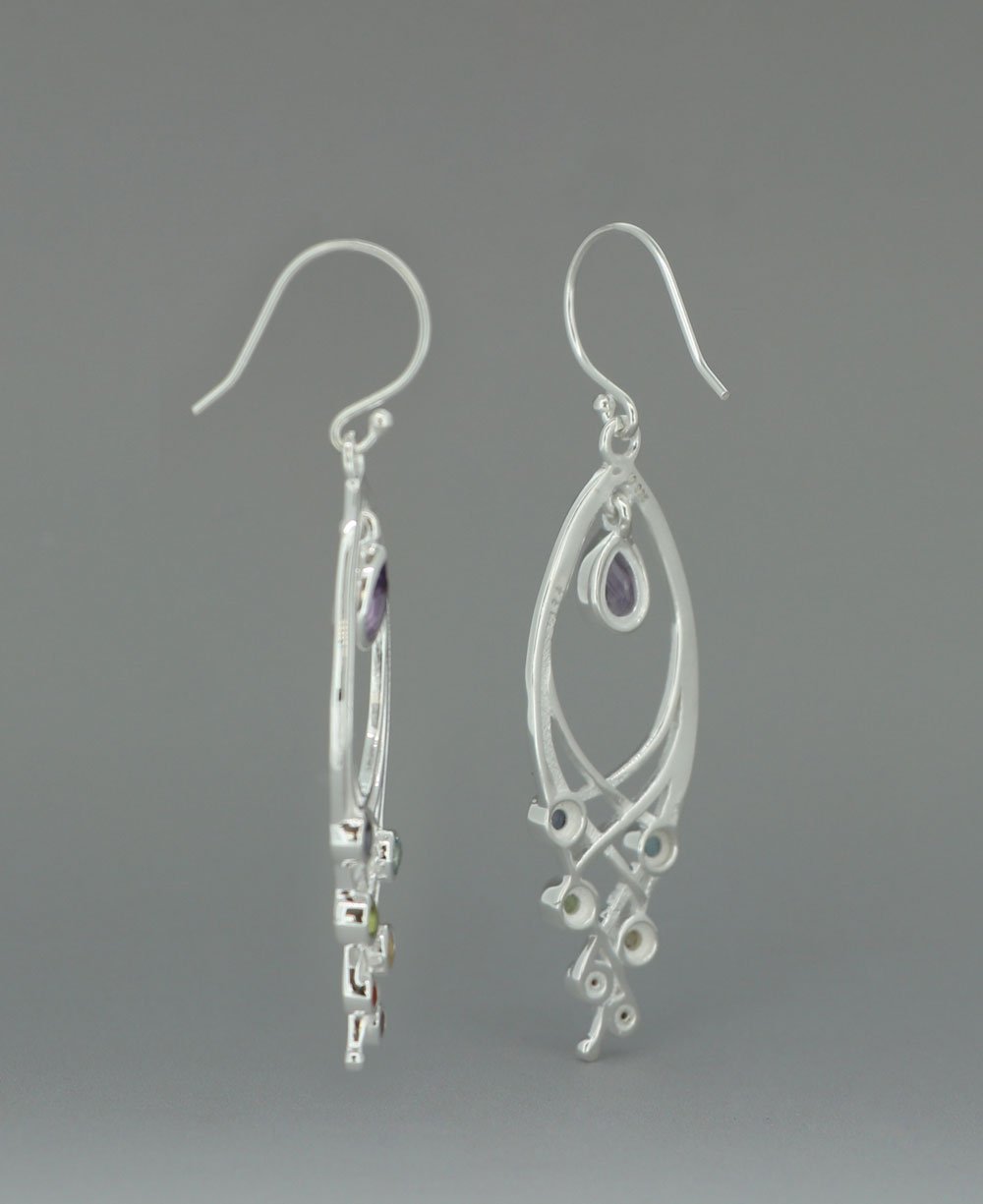 Premium Leaf Shaped Sterling Silver Chakra Gemstone Dangle Earrings - Earrings