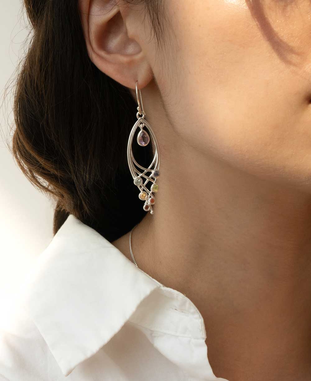 Premium Leaf Shaped Sterling Silver Chakra Gemstone Dangle Earrings - Earrings