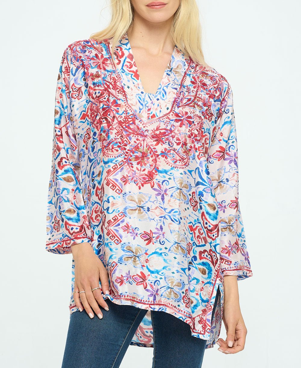 Red Embroidered Printed V Neck Tunic Top - Shirts & Tops S