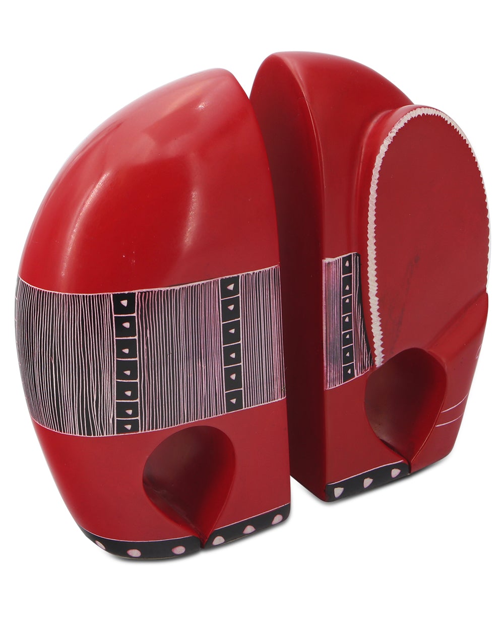 Red Kisii Elephant Bookends with Tribal Patterns - Bookends