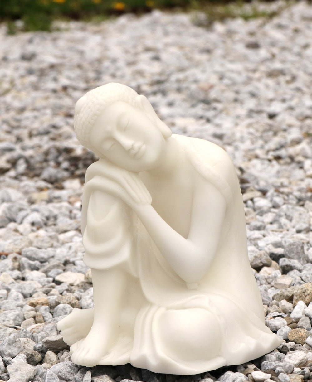 Resting Buddha Statue in Pearl White Finish, Indoor Outdoor - Sculptures & Statues