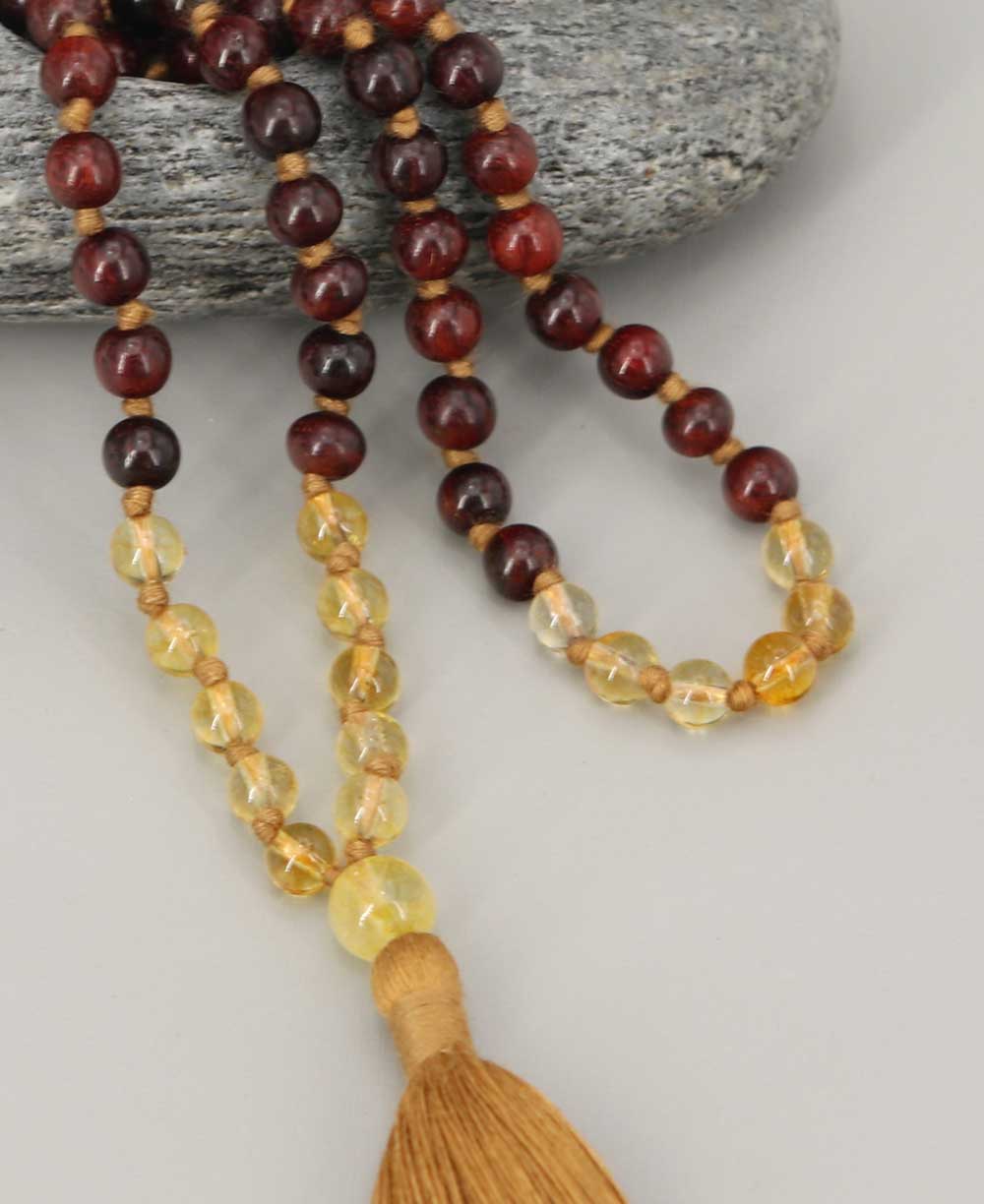 Rosewood and Citrine 108 Beads Meditation Mala, Knotted - Prayer Beads