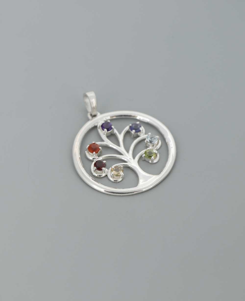 Round Sterling Silver Chakra Tree of Life Pendant - Charms & Pendants