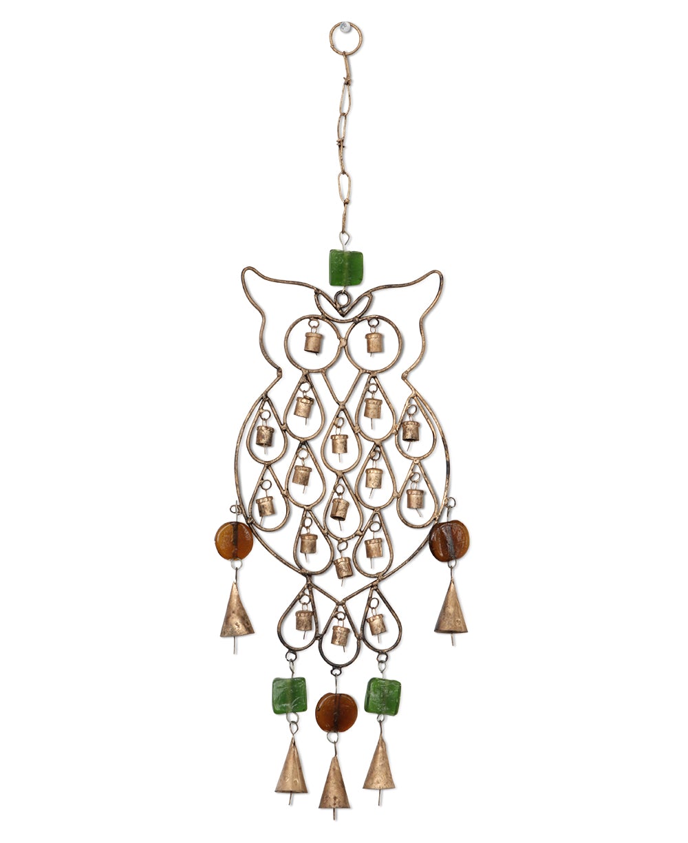 Rustic Finish Wise Owl Wall Hanging Chime, Recycled Metal - Wind Chimes