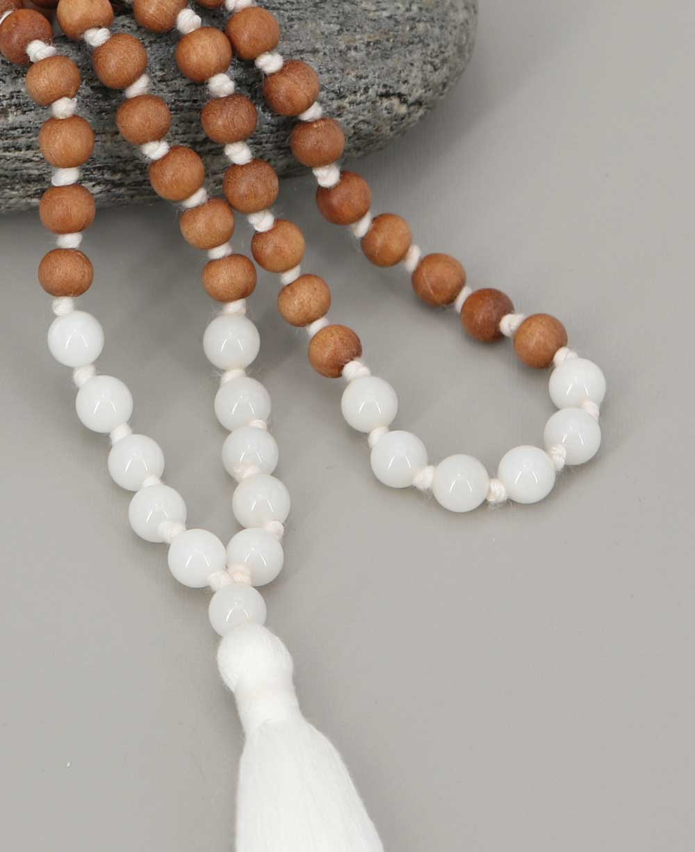 Sandalwood and White Moonstone 108 Beads Meditation Mala, Knotted -